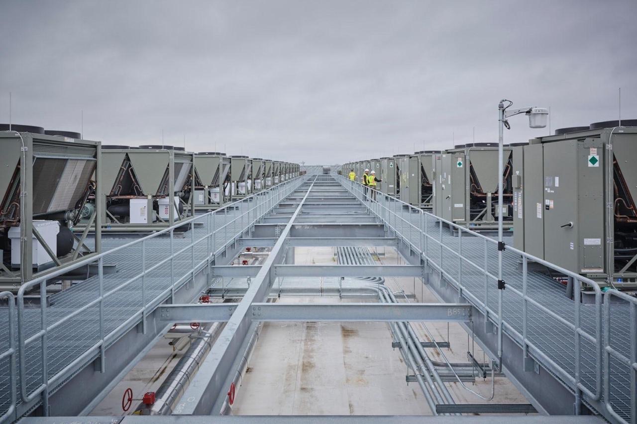 Data centre rooftop with plant, walkways and service routes